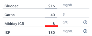 Bolus wizard screen in the Beetis app. Input field for carbohydrate ratio.