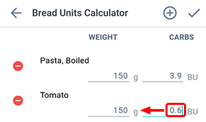 Beetis app carbs calculator screen. Carbs in the product are entered to calculate the product weight.