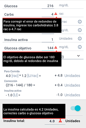 Pantalla del asistente de bolo en la aplicación Beetis. Error en el cálculo: es necesario ajustar los carbohidratos o la glucosa objetivo debido a un error de redondeo.