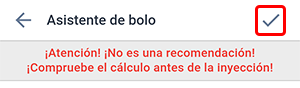 Pantalla del asistente de bolo en la aplicación Beetis. Se resalta la marca de verificación para guardar en la esquina superior derecha.
