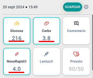 Pantalla de entrada de datos en la aplicación Beetis. Se resaltan los valores de glucosa, carbohidratos e insulina obtenidos del asistente de bolo.