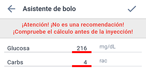 Pantalla del asistente de bolo en la aplicación Beetis. Campos de entrada de glucosa y carbohidratos.