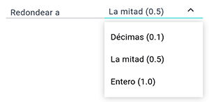 Pantalla del asistente de bolo en la aplicación Beetis. Selección del redondeo de insulina: a unidades enteras, medias o décimas.