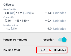 Pantalla del asistente de bolo en la aplicación Beetis. Cálculo final de insulina que incluye bolo para alimentos, bolo de corrección e insulina activa.