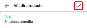 Pantalla de la ficha del producto en Beetis. Se resalta la marca de verificación en la esquina superior derecha para guardar los datos.