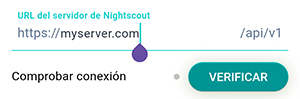 Pantalla de configuración de Nightscout de la aplicación Beetis. Campo de entrada de dirección del servidor Nightscout.